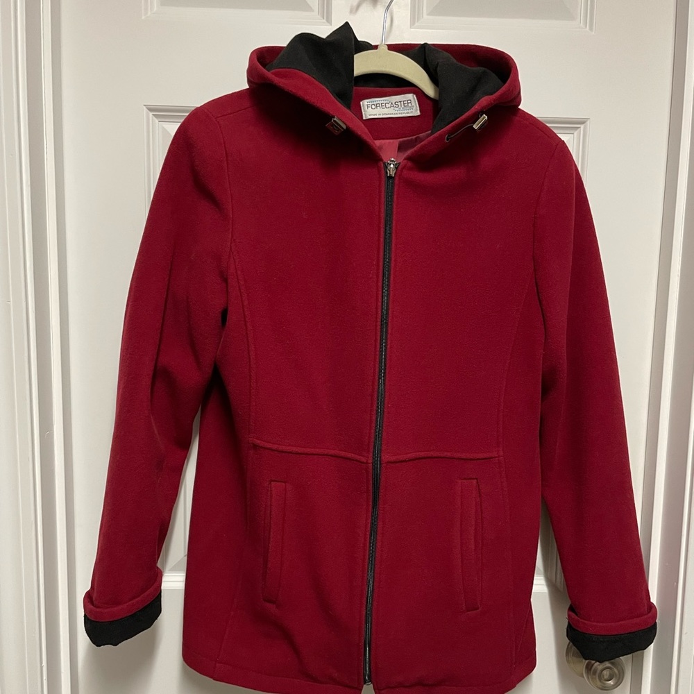 Forecaster of Boston womens lambs wool coat with hood. Color Red. Size 6